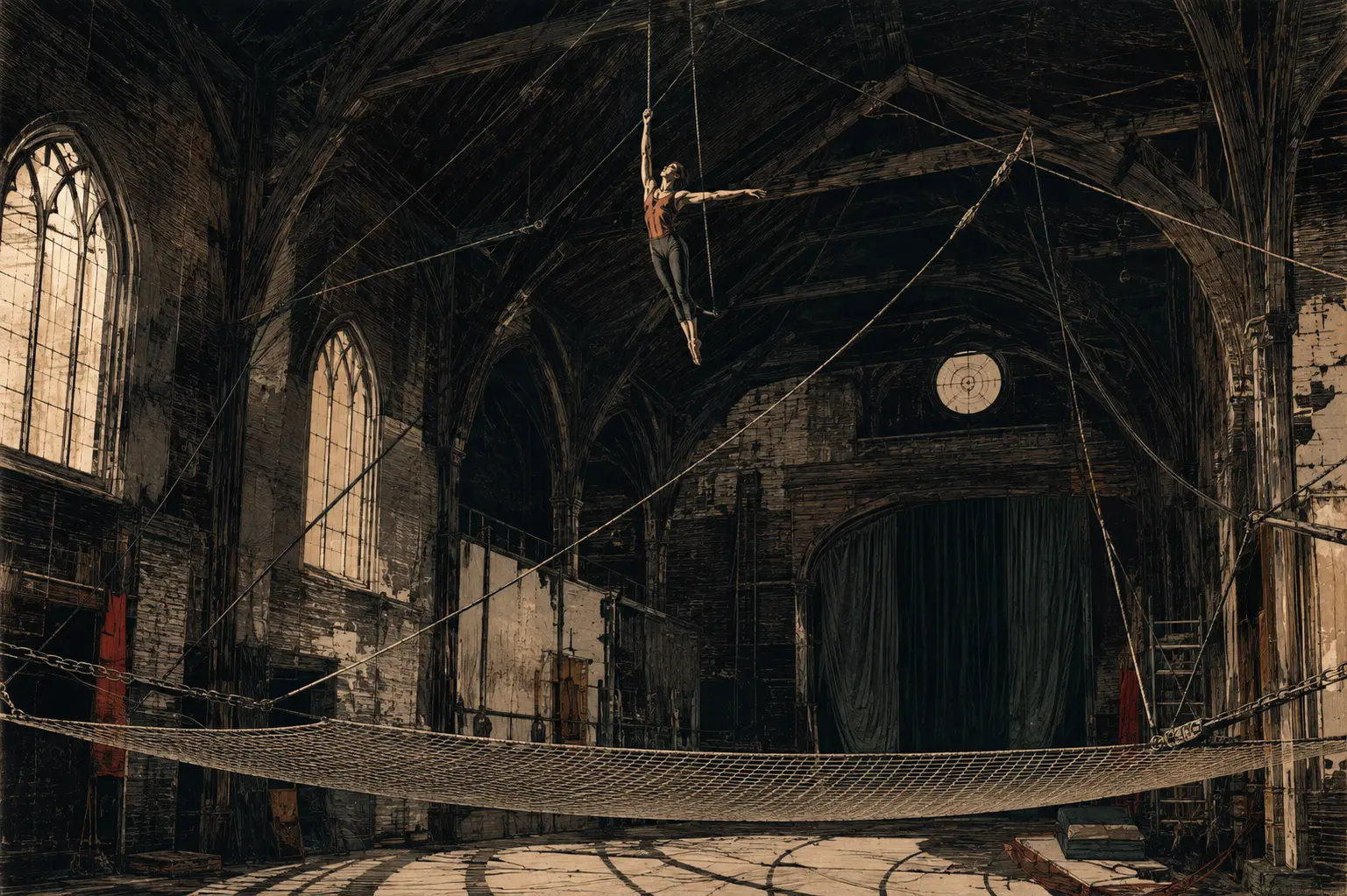 Etched illustration of an acrobat training high above a safety net inside an old church