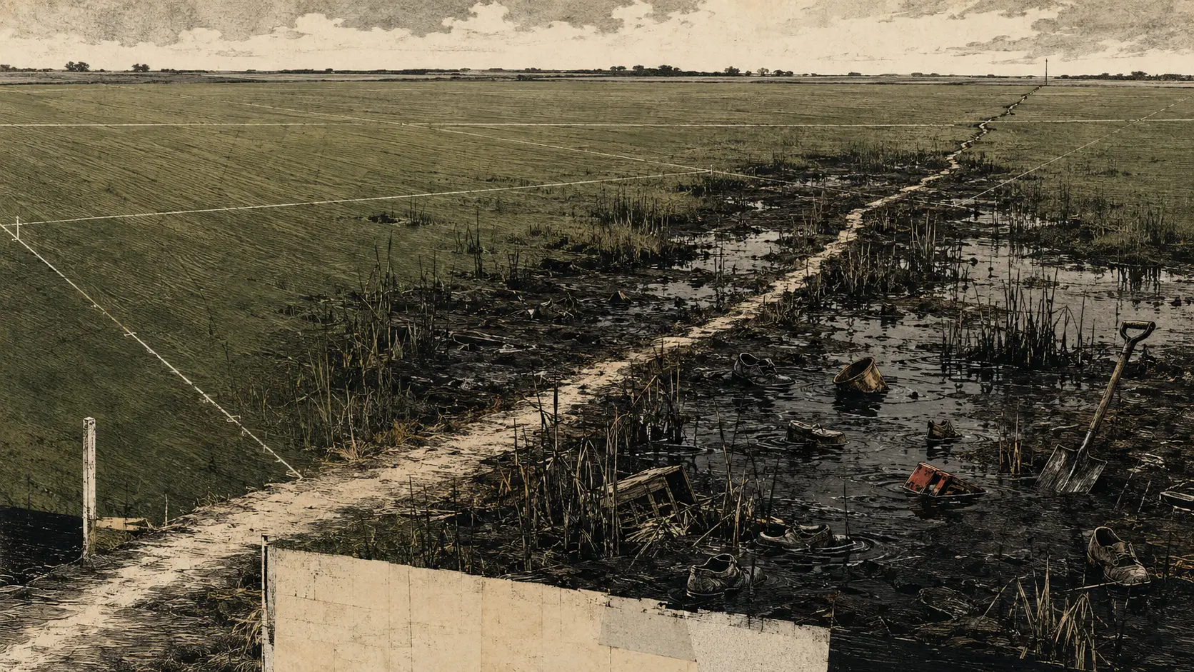 A surveyed field where a diagonal desire path dissolves into a marsh scattered with abandoned shoes and tools